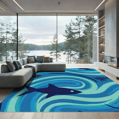 Blue Shark Swirl Palm Leaf Rug