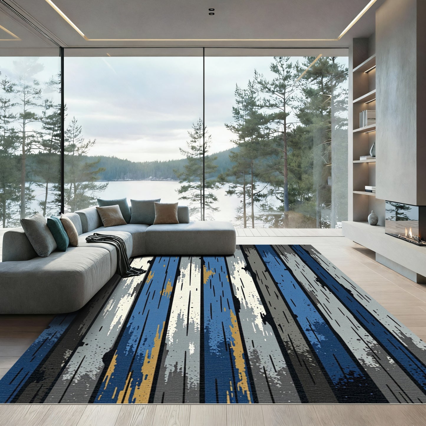 Distressed Navy and Cream Striped Planking Rug