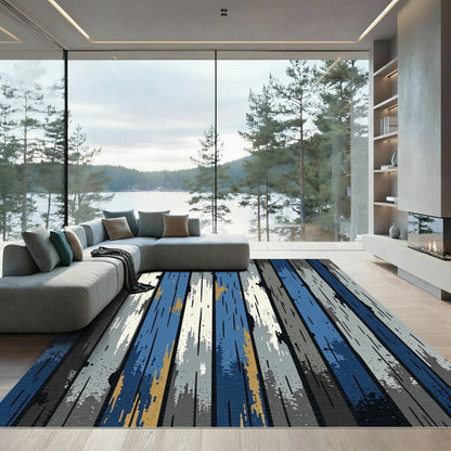 Distressed Navy and Cream Striped Planking Rug