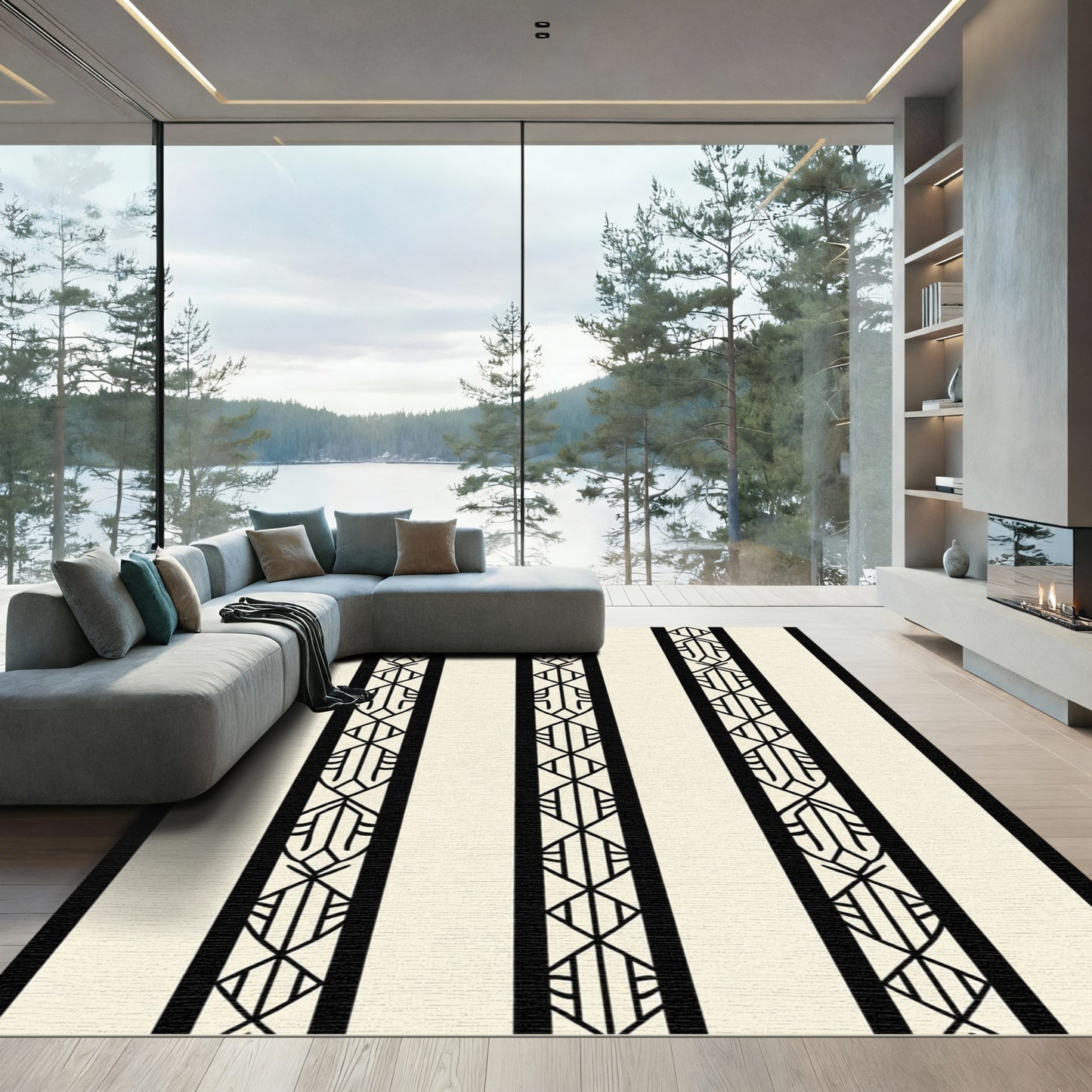 Cream Black Vertical Geometric Lines Rug