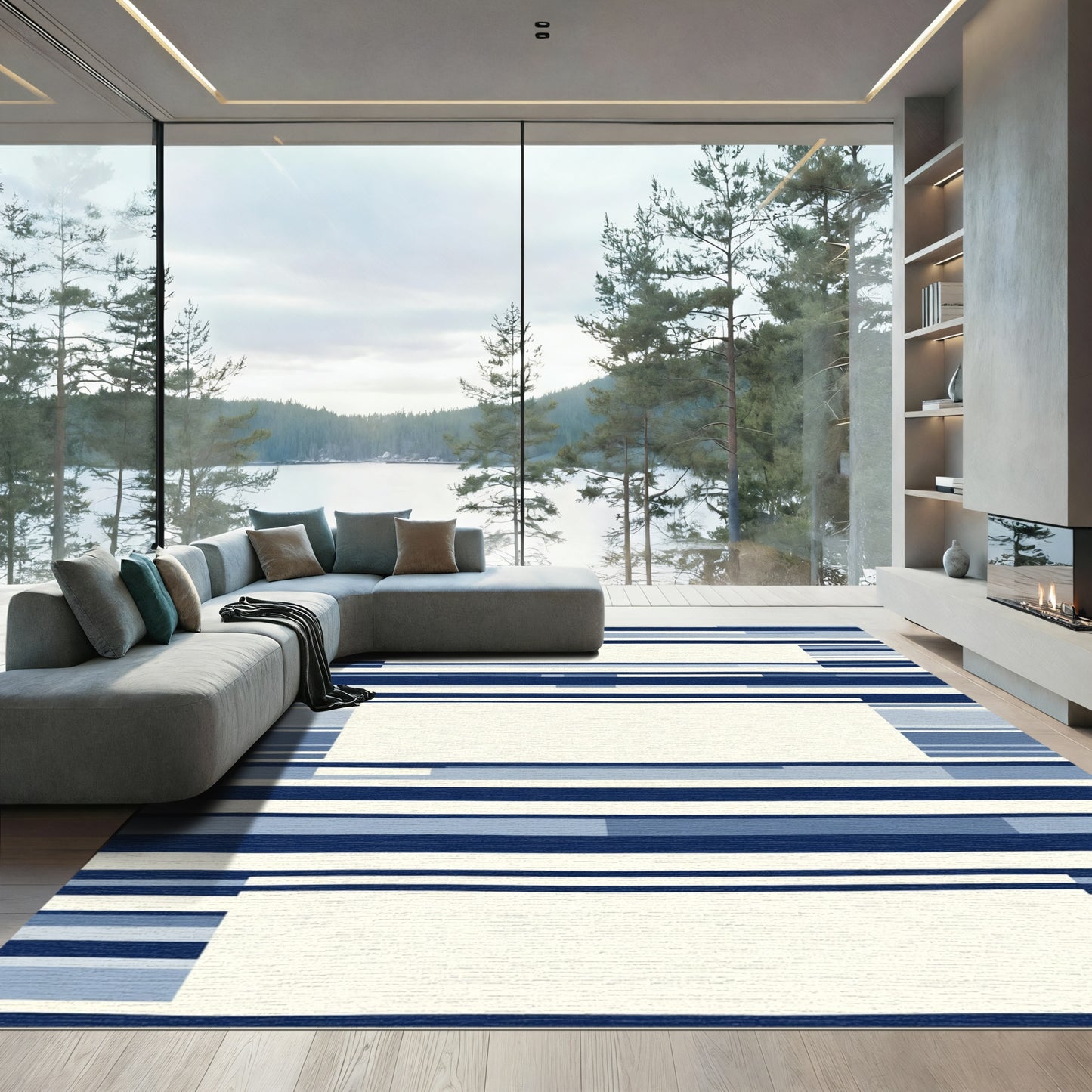 Modern Blue White Horizontal Stripe Rectangles Rug