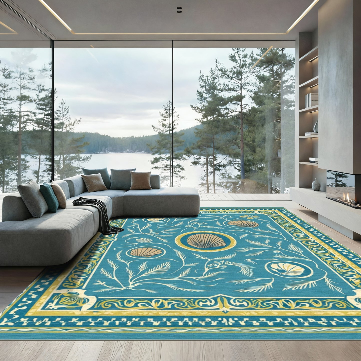 Teal Shell Botanical Floral Border Rug