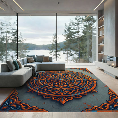 Ornate Burnt Orange Navy Circular Medallion Rug