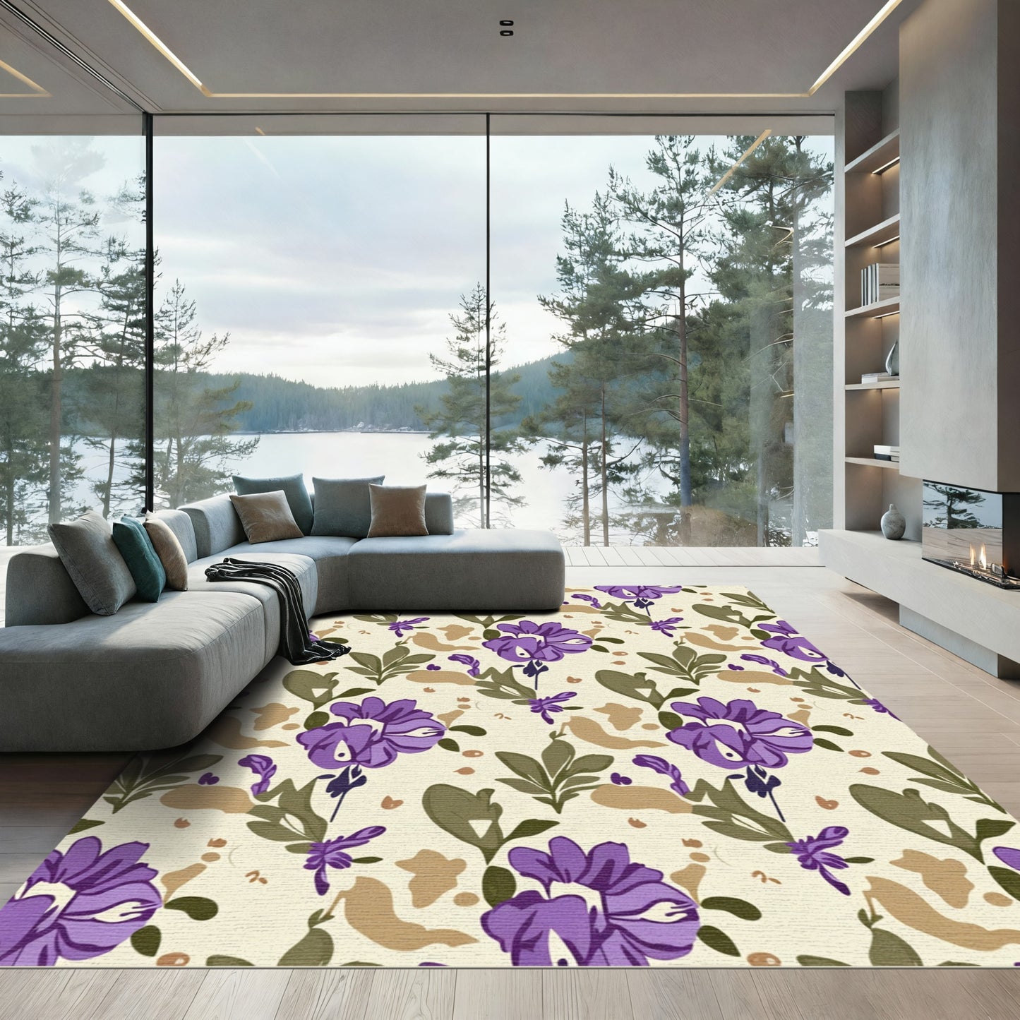 Purple Floral Garden With Tan Accents Rug