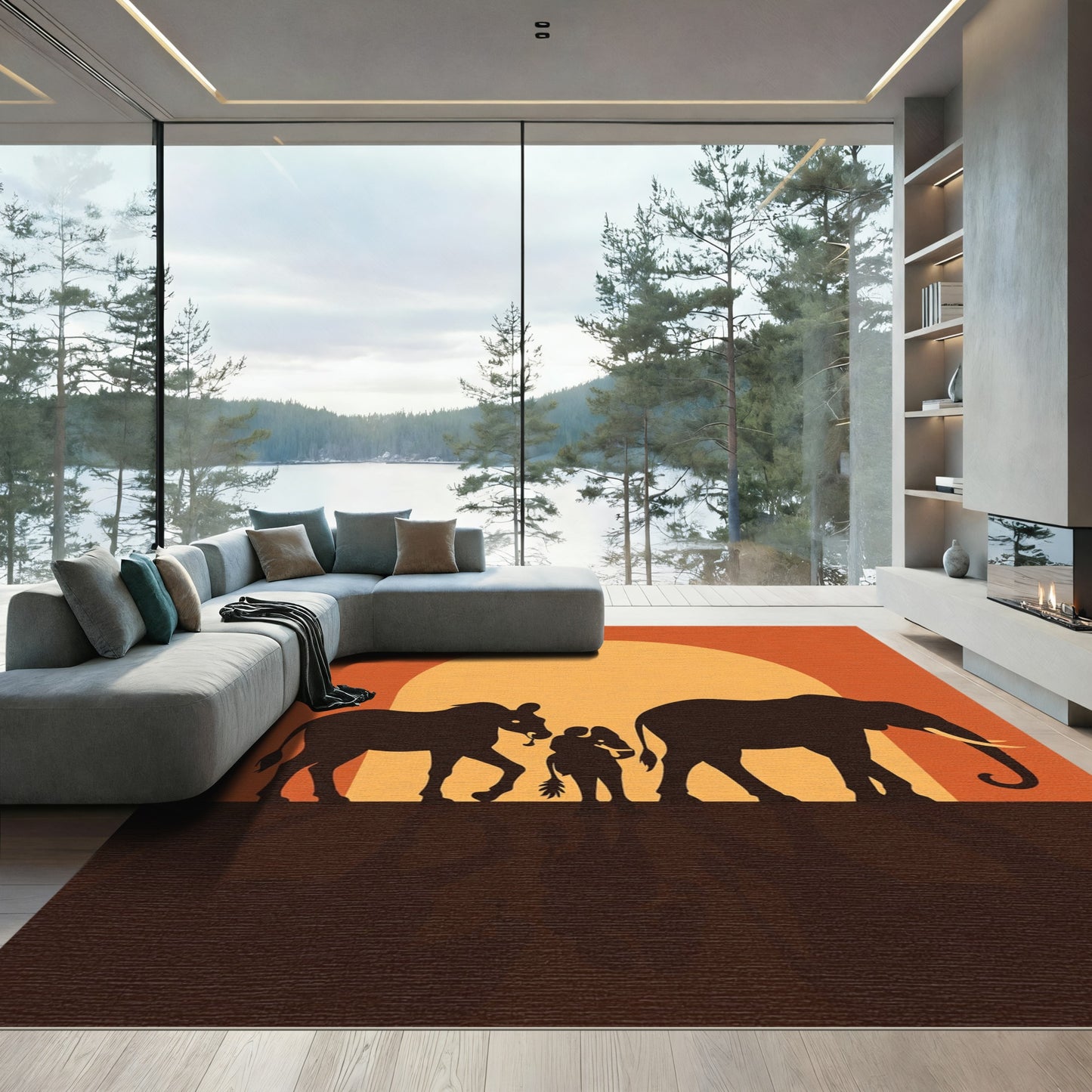 Savanna Sunset Elephant Family Silhouettes Rug