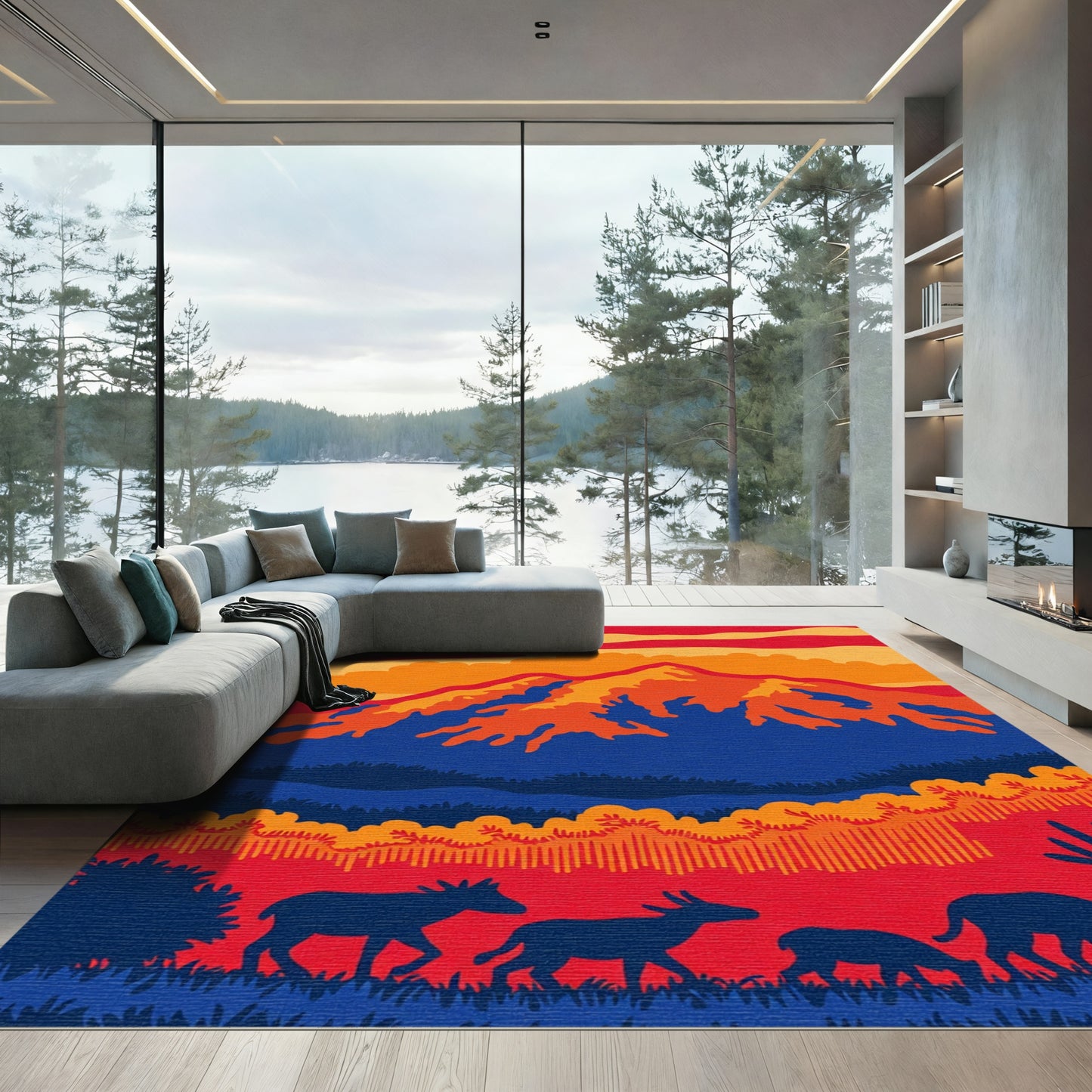 Bold Red Deer Mountain Sunset Landscape Rug