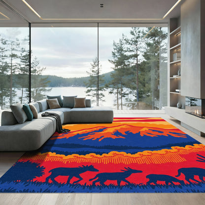 Bold Red Deer Mountain Sunset Landscape Rug