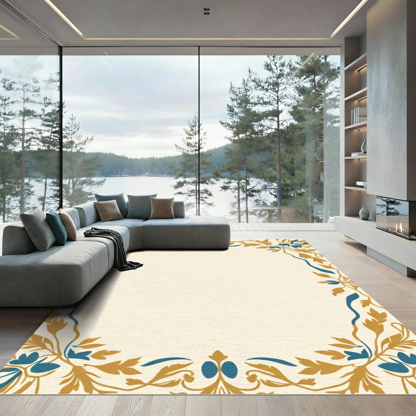 Golden Teal Floral Swirl Border Rug