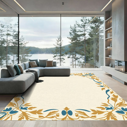 Golden Teal Floral Swirl Border Rug