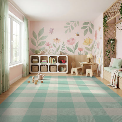Light Green Cream Gingham Check Rug