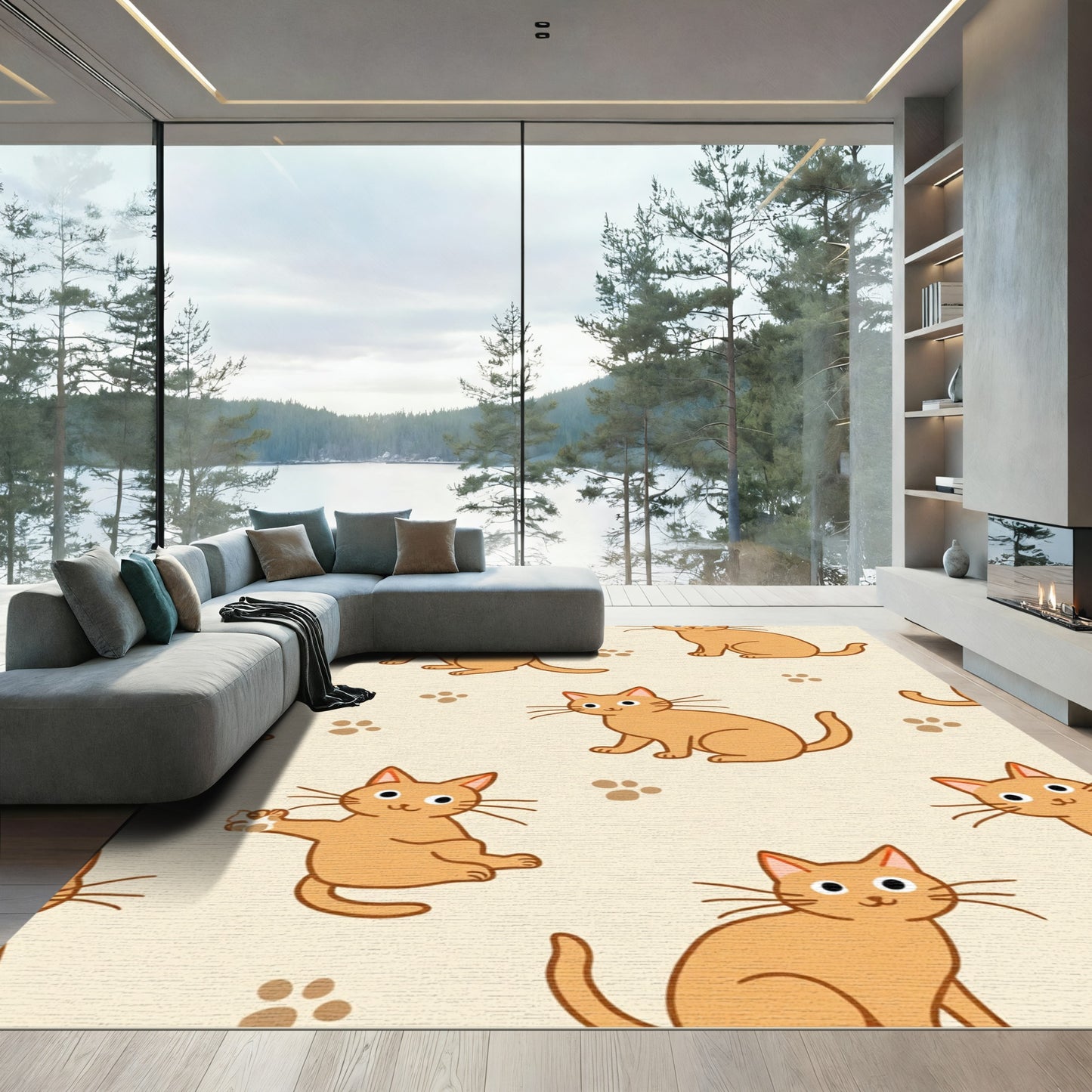 Orange Cat Paw Print Seamless Rug