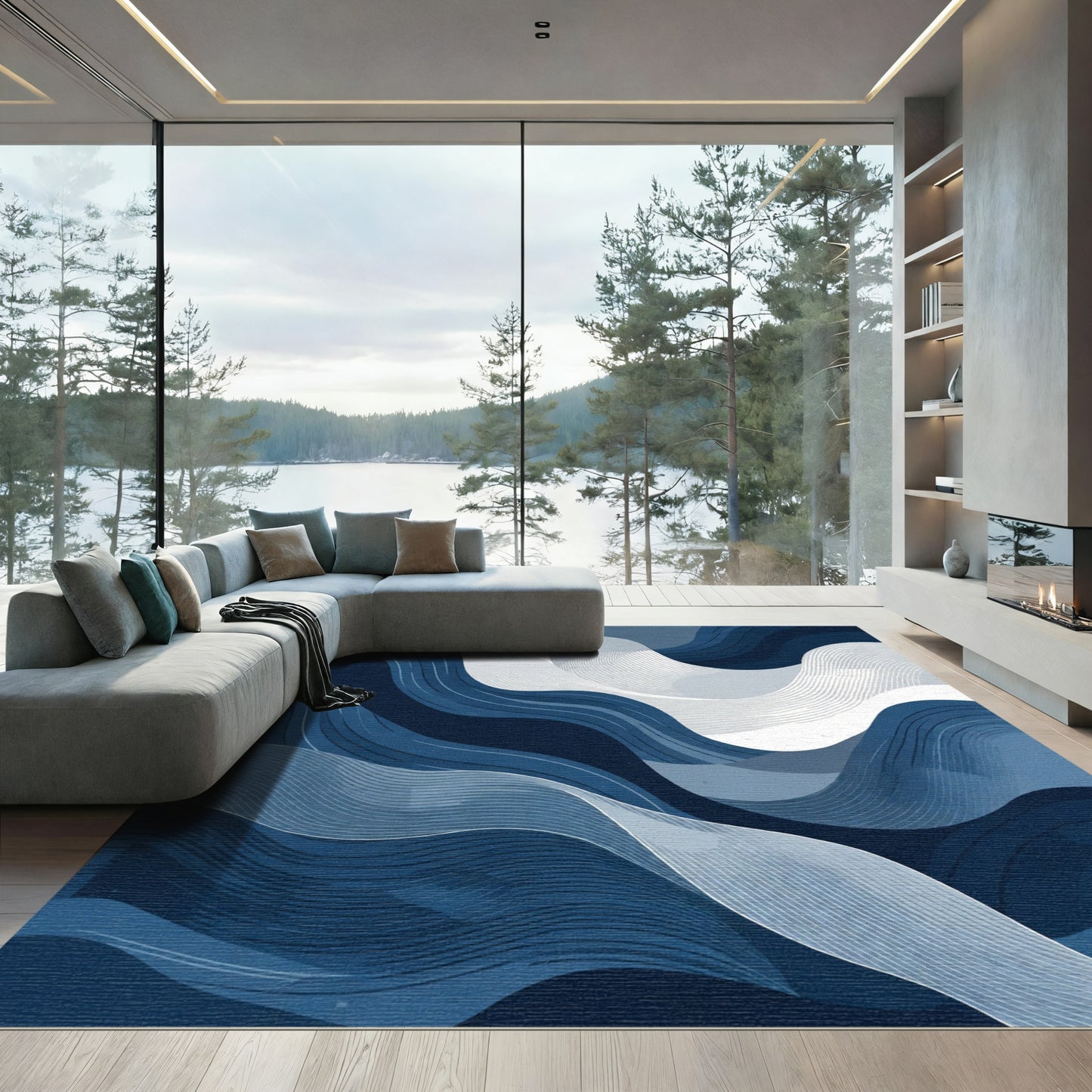 Fluid Waves Abstract Blue Rug
