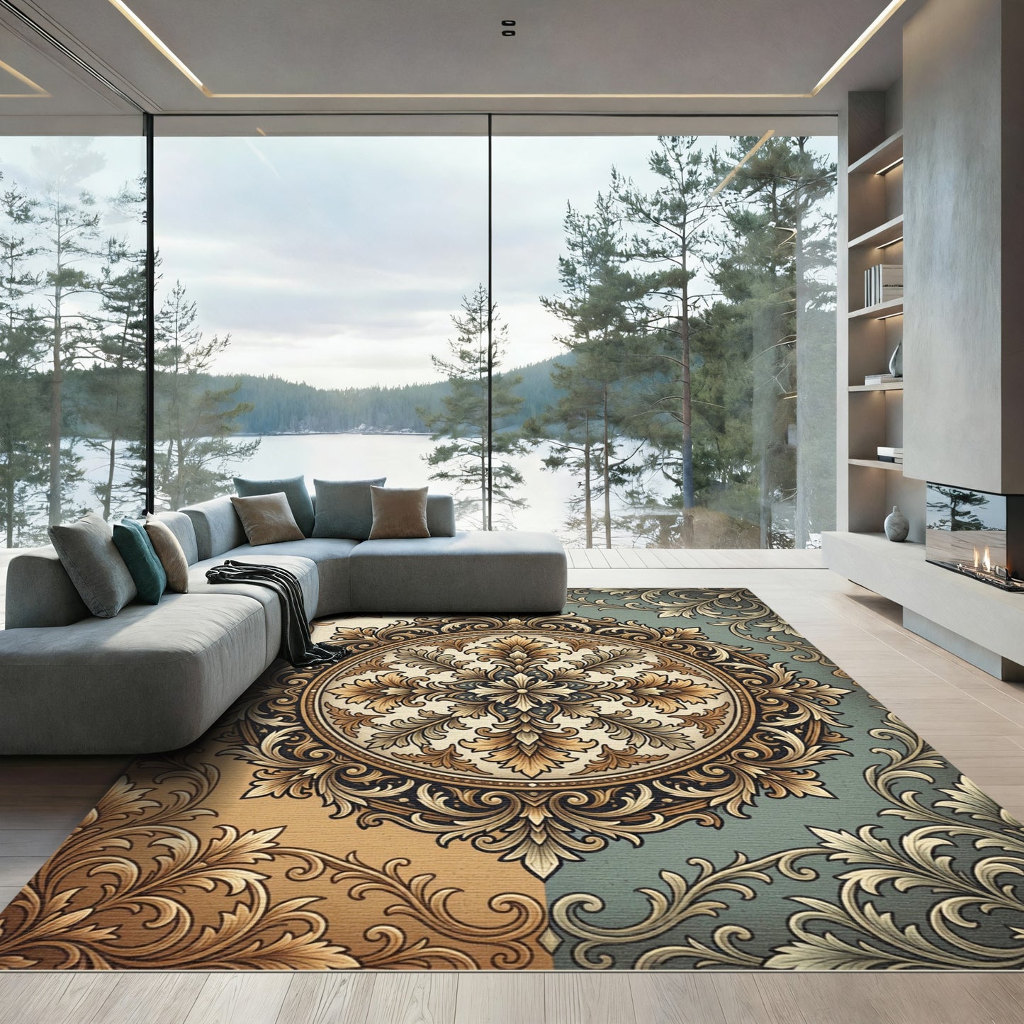 Elegant Gold and Teal Acanthus Medallion Rug