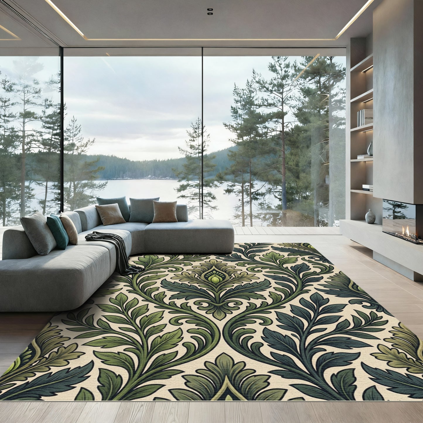 Elegant Olive Green Damask Foliage Rug