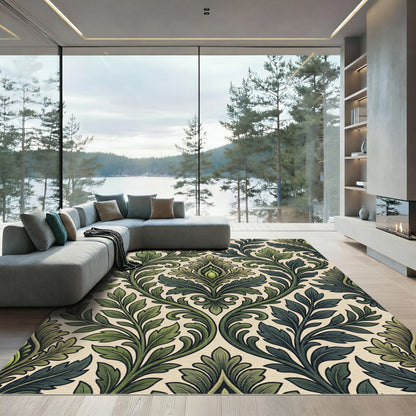 Elegant Olive Green Damask Foliage Rug