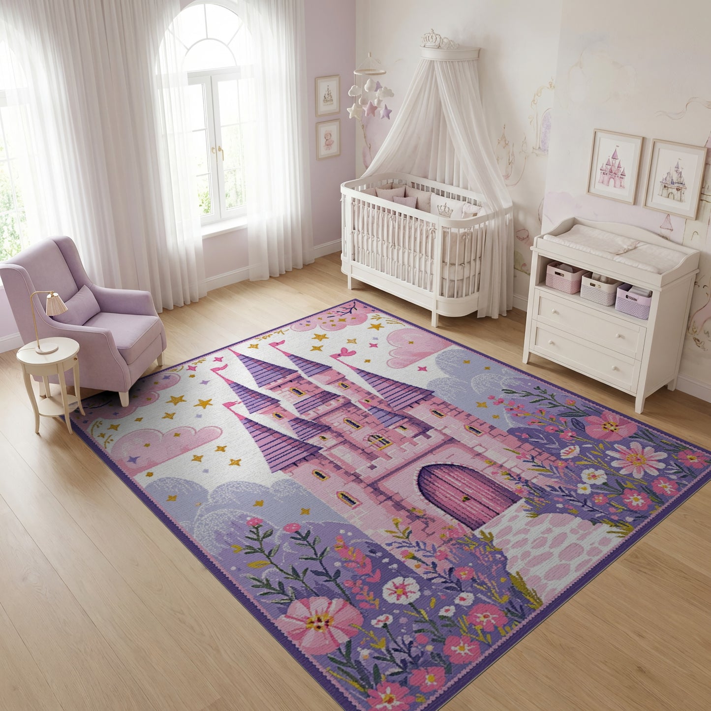 Whimsical Pink Purple Castle Floral Rug