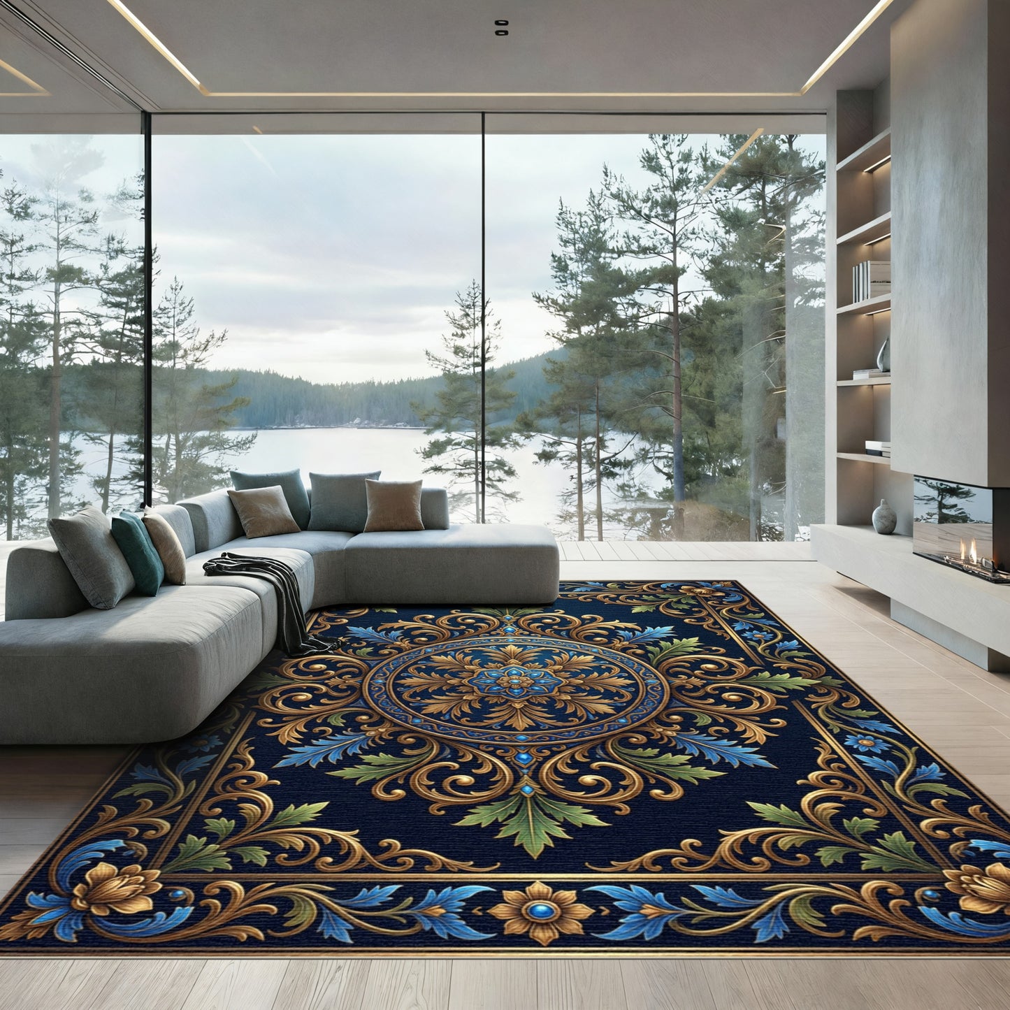 Ornate Gold Blue Floral Scrollwork Rug