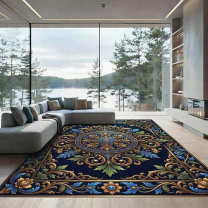Ornate Gold Blue Floral Scrollwork Rug