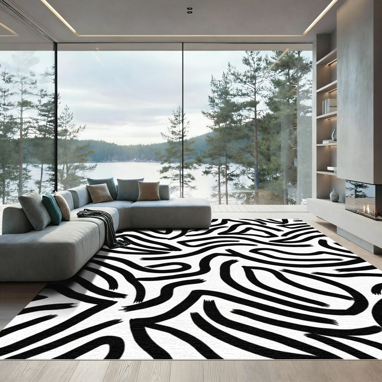 Monochrome Abstract Fluid Lines Rug