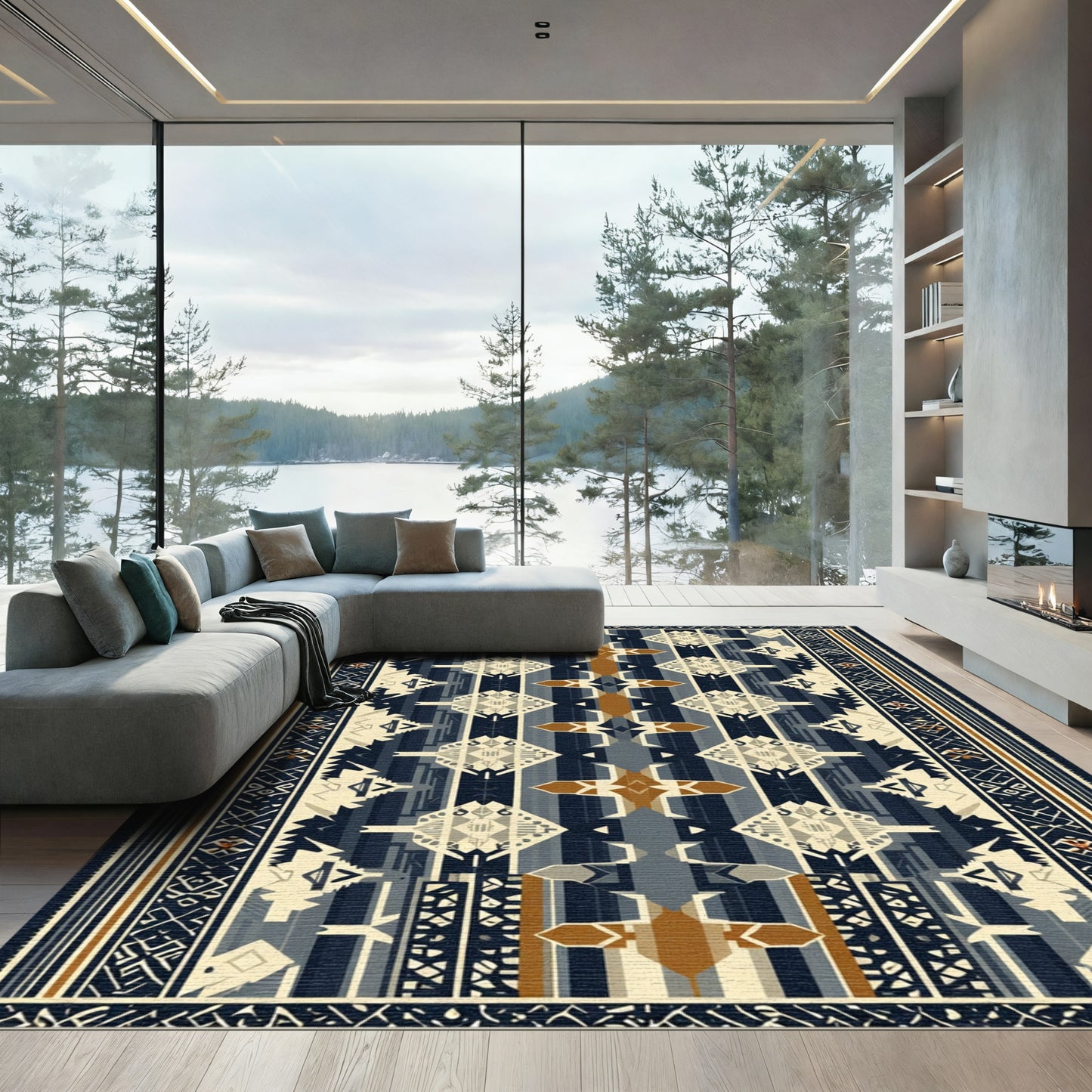 Navajo Inspired Blue Geometric Stripe Rug