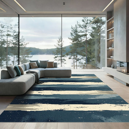 Brushed Blue Cream Striped Texture Rug