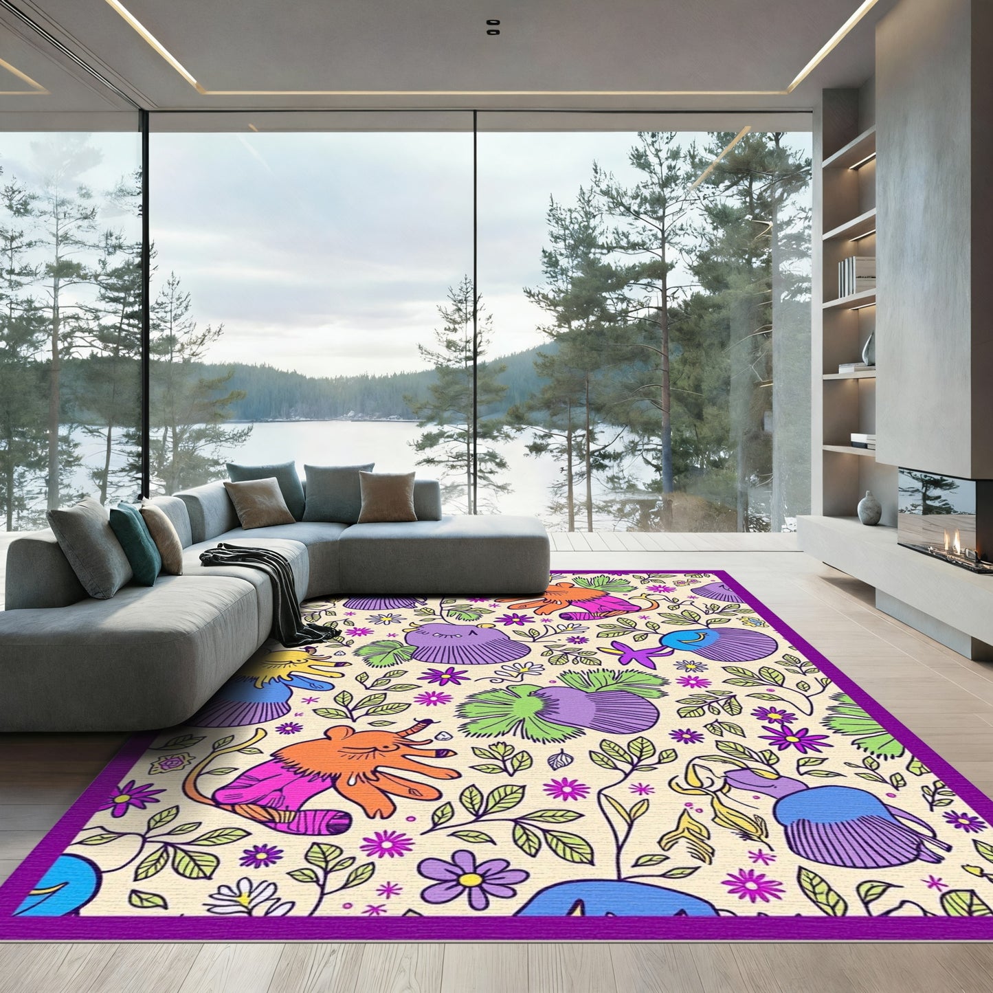 Whimsical Elephant Floral Garden Rug