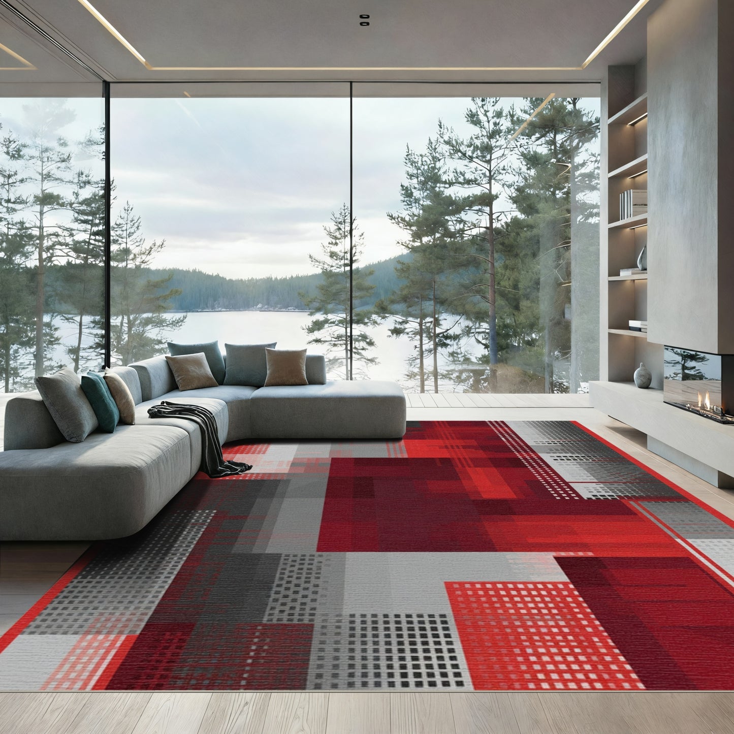 Dynamic Red Gray Geometric Rectangular Overlap Rug