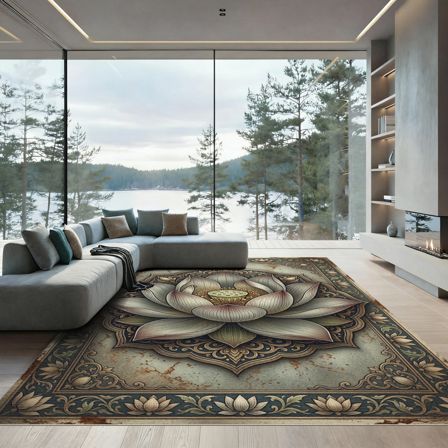 Elegant Muted Gray Lotus Mandala Rug