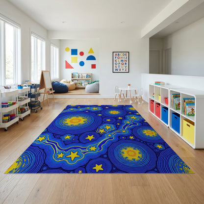 Navy Blue Swirling Yellow Stars Circles Rug