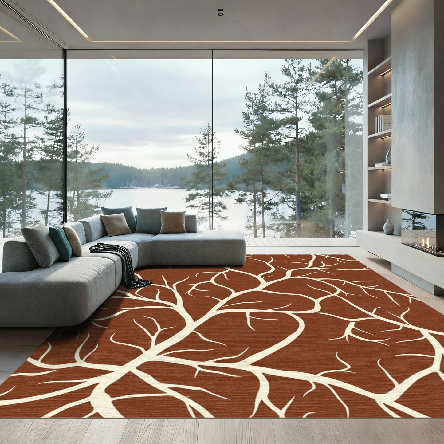 Brown Background White Branch Art Rug