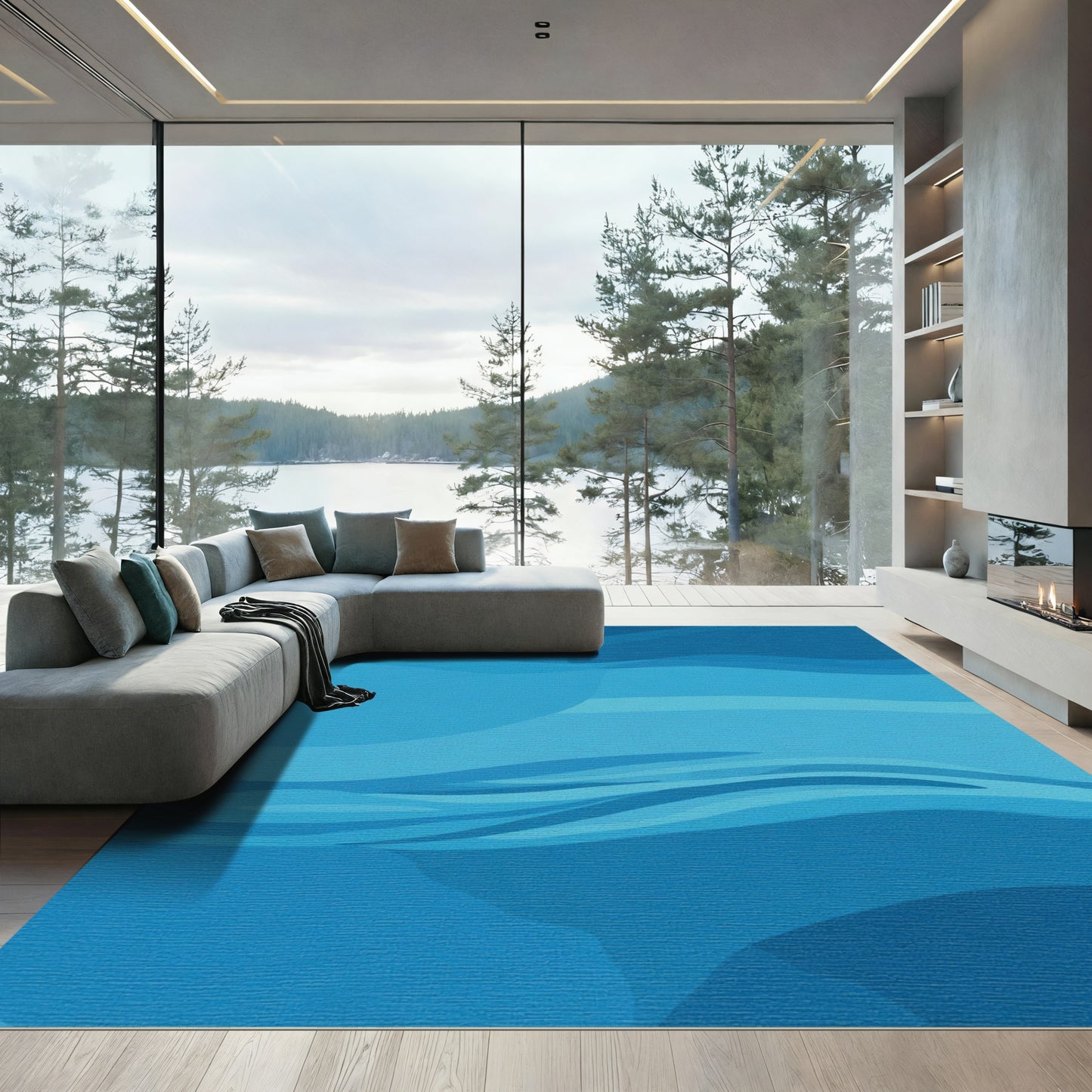Oceanic Blue Wavy Abstract Rug