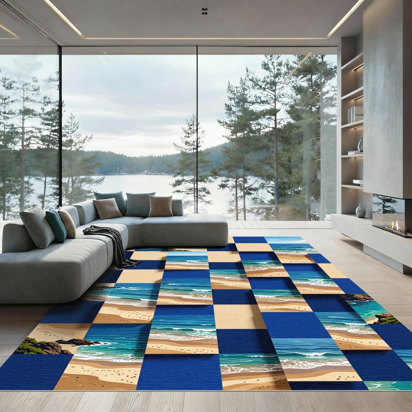 Abstract Coastal Ocean Grid Wave Art Rug