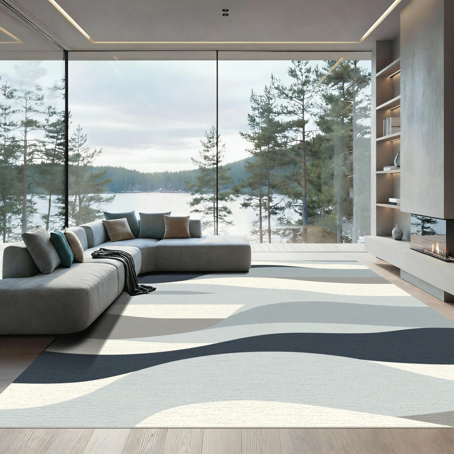 Cool Blue Wave Abstract Flow Rug