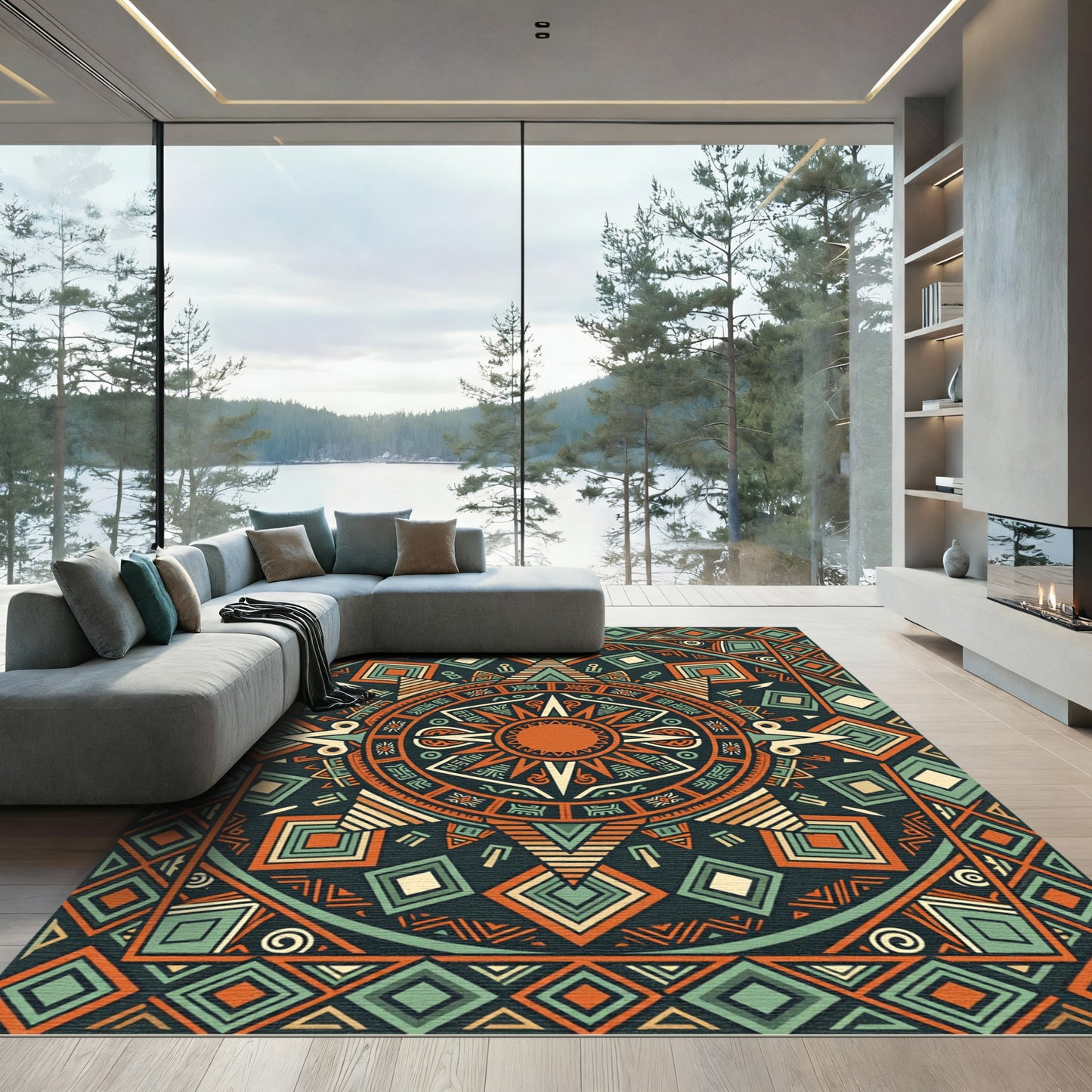 Geometric Sunburst Aztec Teal Orange Art Rug