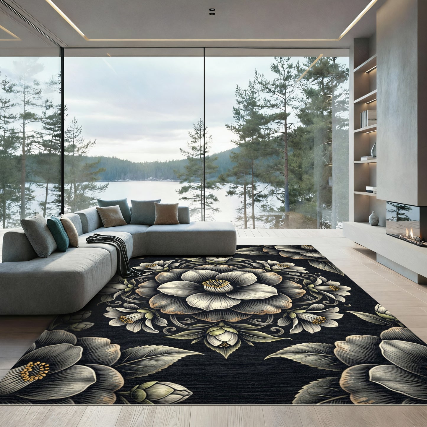 Ornate Black White Floral Medallion Rug