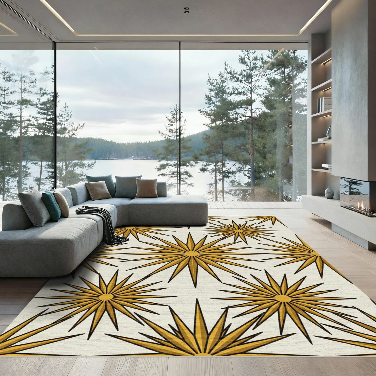 Midcentury Gold Starburst Geometric Rug