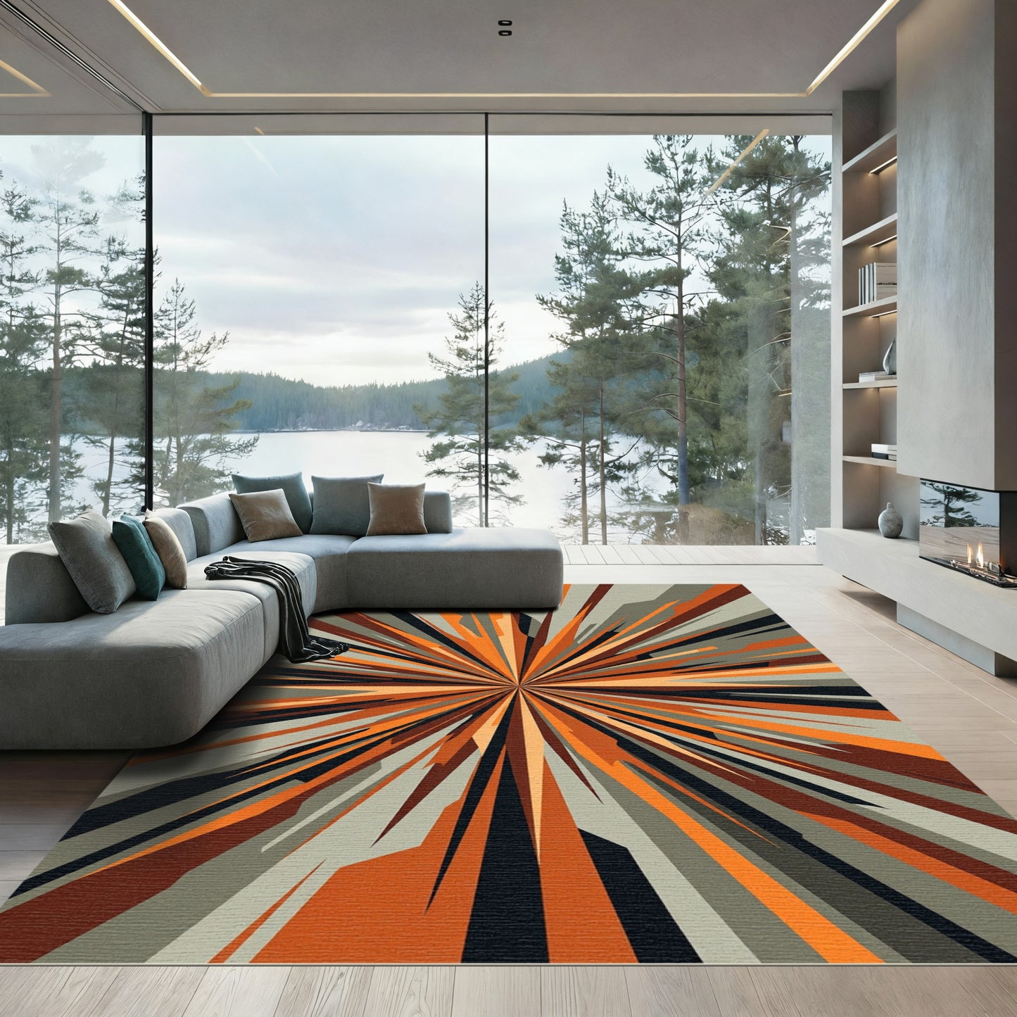 Modern Orange Burst Geometric Rug