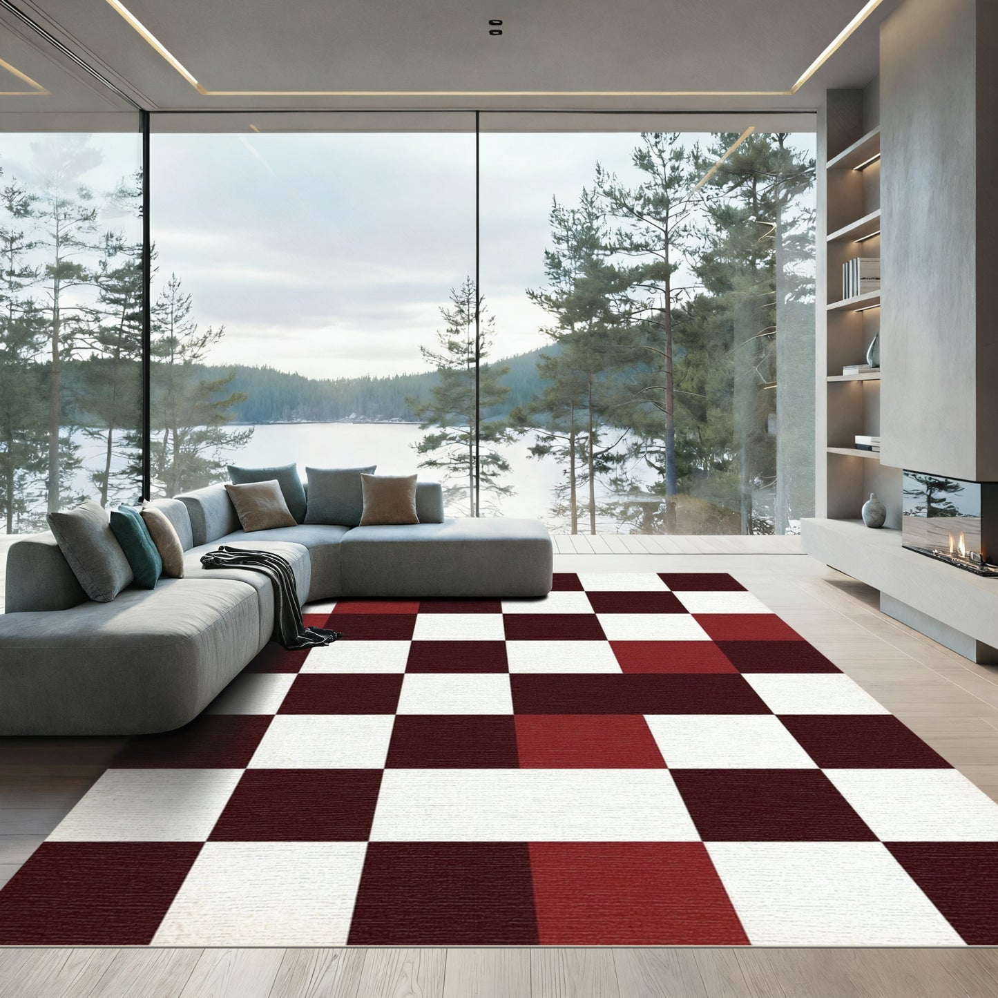 Deep Red Checkerboard Grid Rug