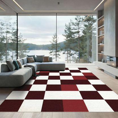 Deep Red Checkerboard Grid Rug