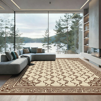 Brown Cream Geometric Vine Border Rug
