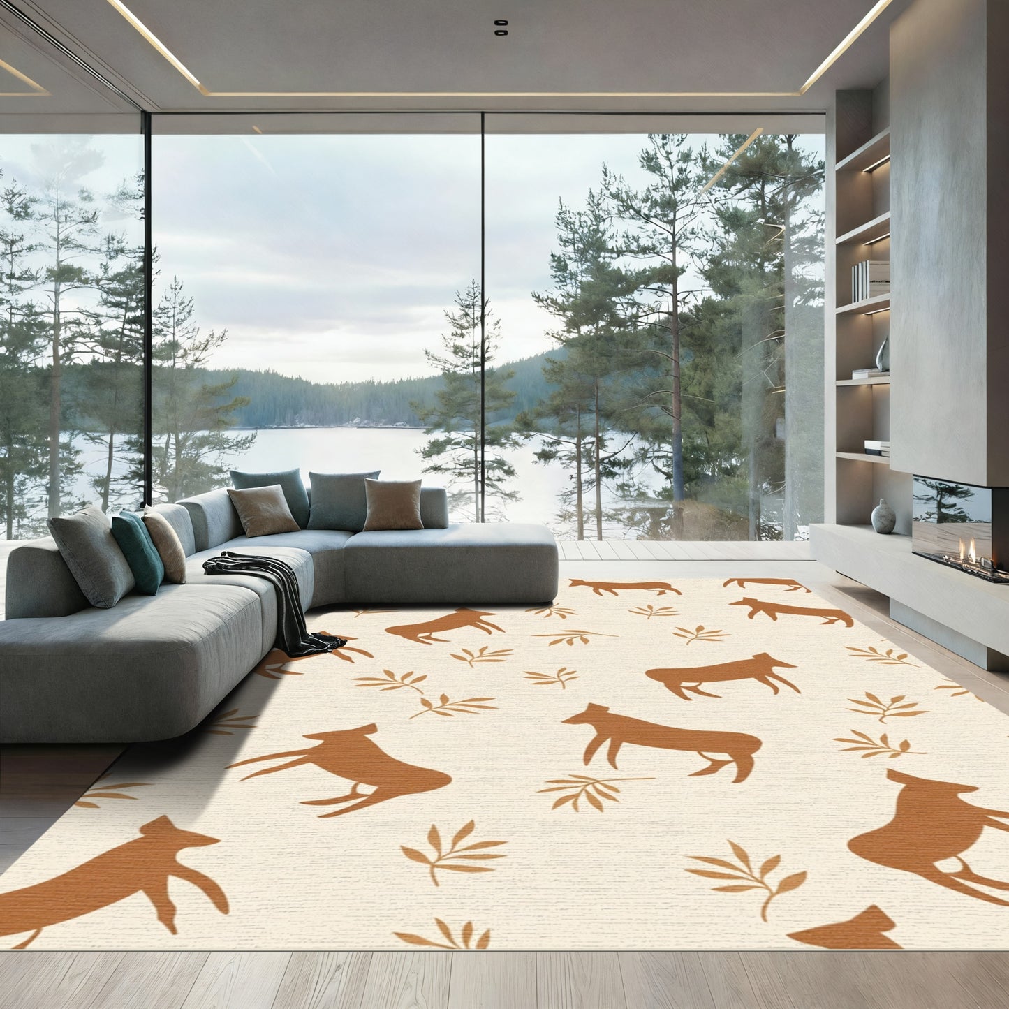 Brown Silhouette Animal Botanical Field Rug