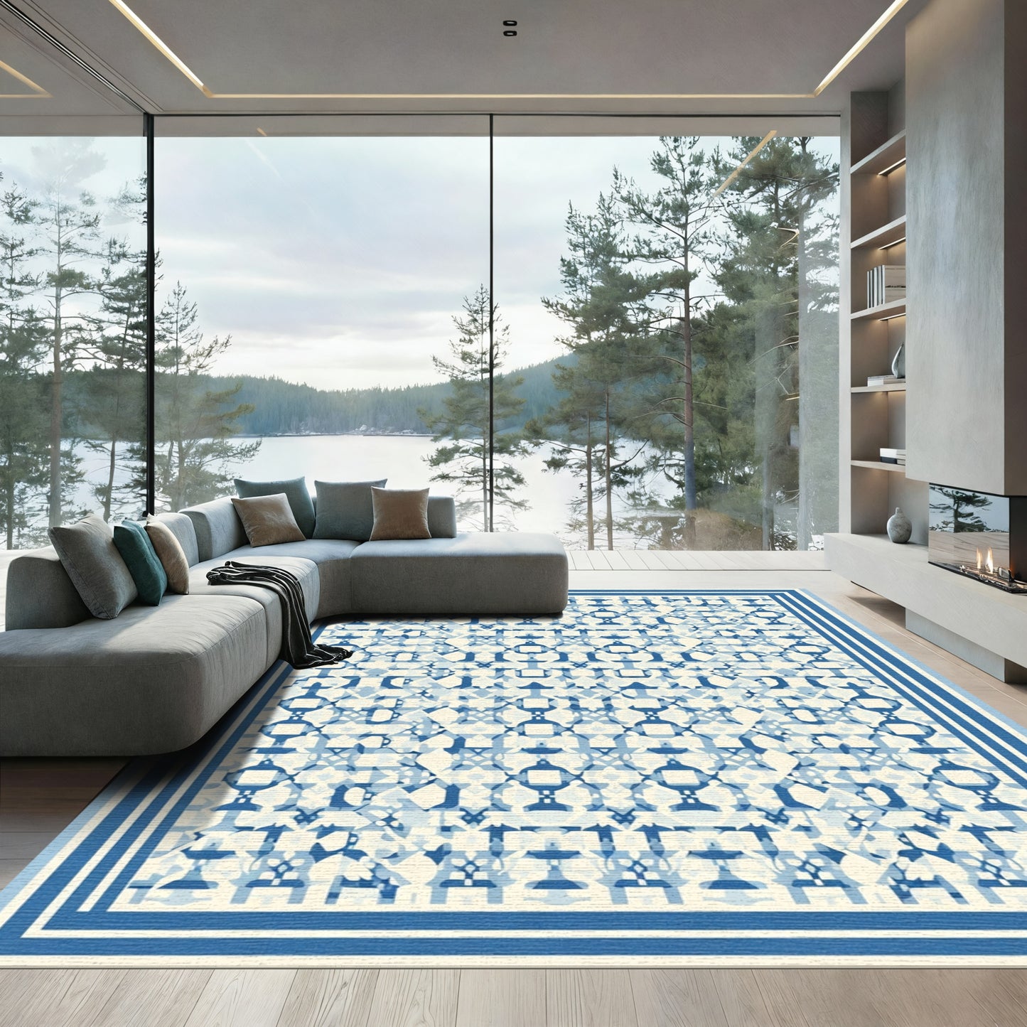Geometric Blue Lattice Overlay Rug
