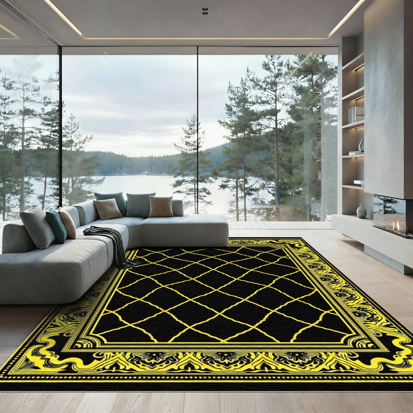 Black Yellow Ornate Lattice Border Rug