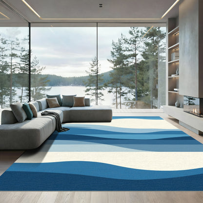 Serene Blue Abstract Wave Landscape Rug