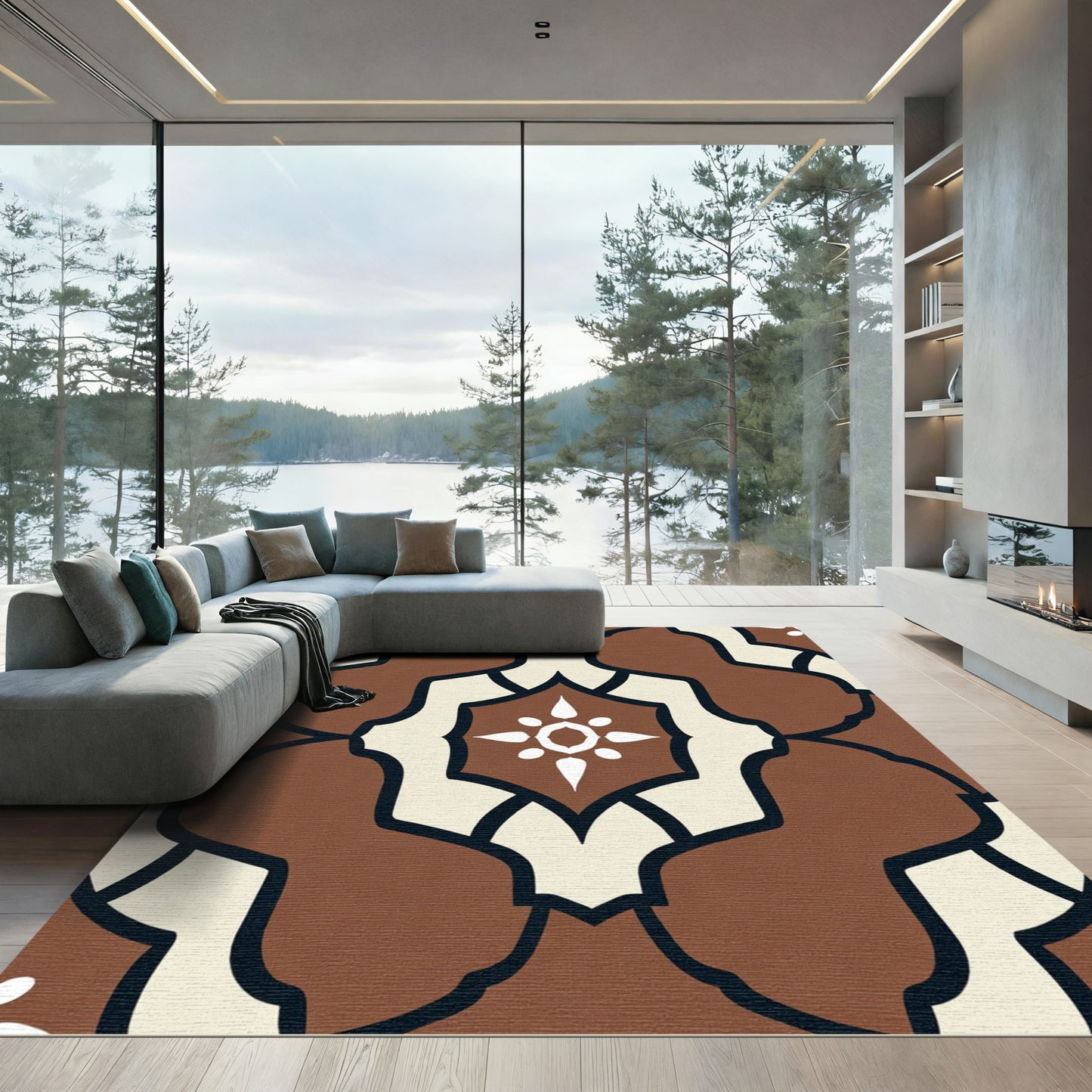 Brown Cream Abstract Medallion Rug