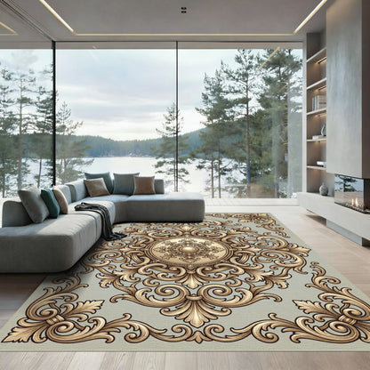 Golden Baroque Swirl Medallion Rug
