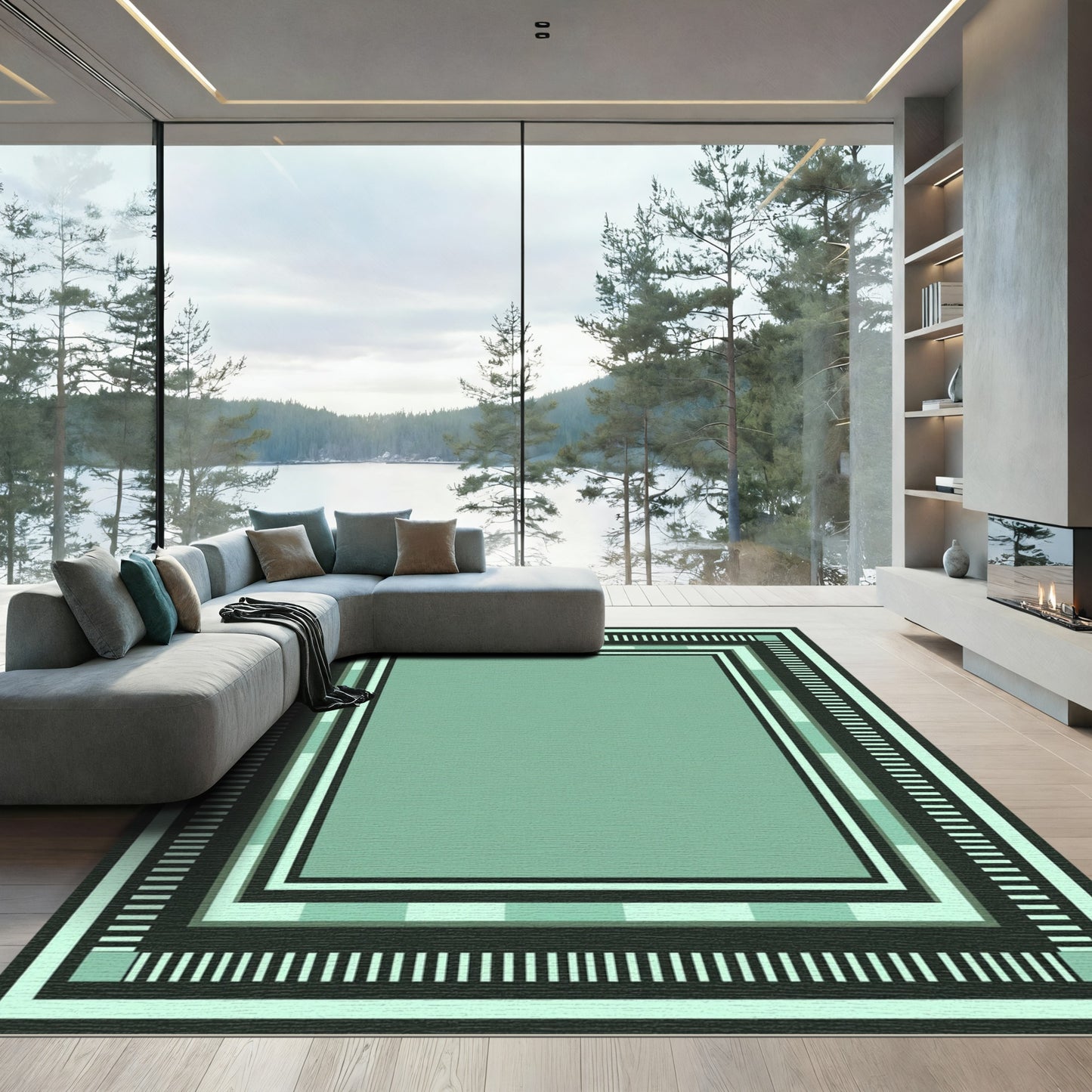 Mint Green Geometric Stripe Frame Rug