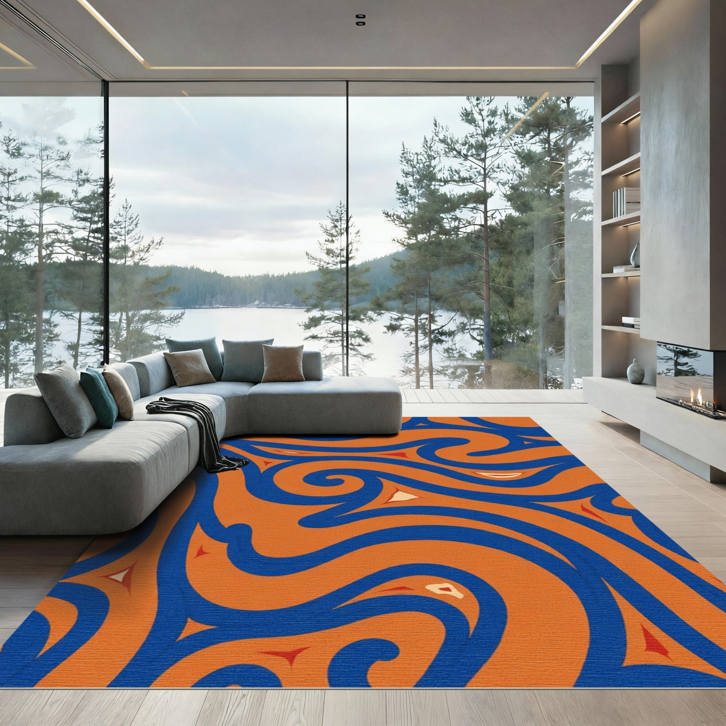 Vivid Orange Blue Swirl Flow Rug