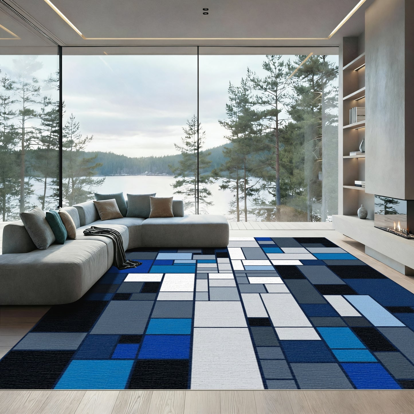 Modern Blue Geometric Rectangles Rug