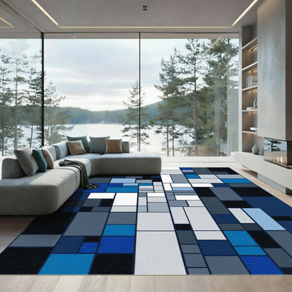 Modern Blue Geometric Rectangles Rug